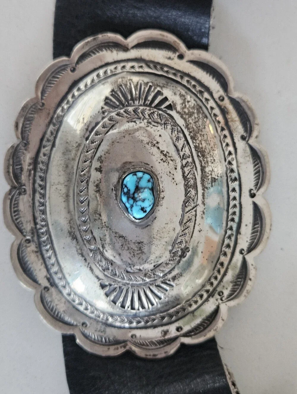 Vintage Navajo Kingman Turquoise Accent Sterling Silver Concho Leather Belt 41